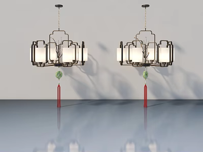 Hinged Door Design With Black Frame Pendant Lamps White Lampshades And Red Tassels 3d model