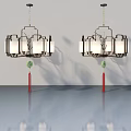 Hinged Door Design With Black Frame Pendant Lamps White Lampshades And Red Tassels