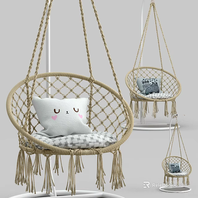Woven Hanging Chair With Jute Rope Cushion Pillow And Tassels For Cozy Interior 3d model 