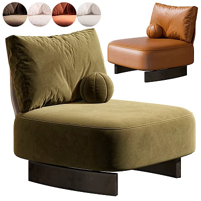 Modern Single Sofa In Olive Green Velvet And Brown Leather With Round Pillow Black Legs 3d model