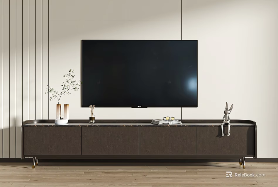 Modern TV Stand with Flat Screen TV Decorative Vase Rabbit Figurine in Minimalist Living Room 3d model 