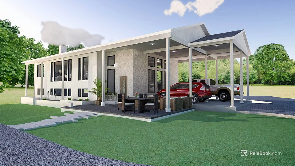 Modern Style Rural Self Built House With Porch Columns Lawn And Red Car 3d model 