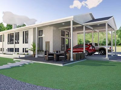 Modern Style Rural Self Built House With Porch Columns Lawn And Red Car 3d model