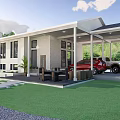 Modern Style Rural Self Built House With Porch Columns Lawn And Red Car
