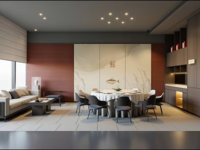 Elegant Private Dining Room Interior with Round Table Chairs Sofa and Decorative Wall 3d model