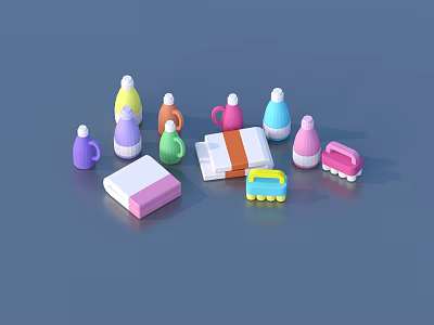 Colorful Small Toy Items With Pastel Bottles Boxes And Brushes 3d model