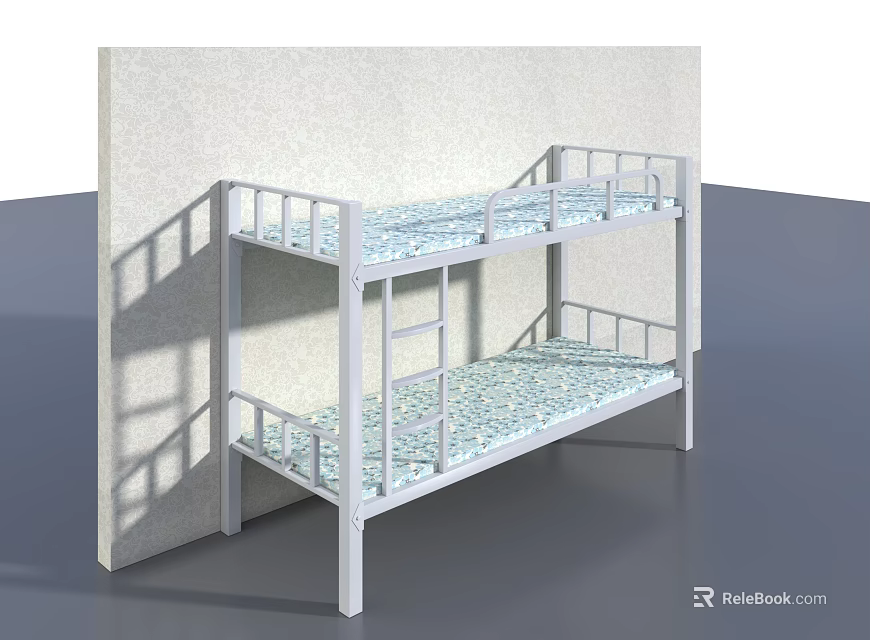 White Metal Bunk Bed With Ladder Guardrails And Patterned Mattress 3d model 