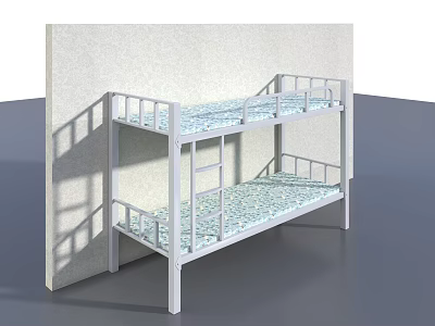 White Metal Bunk Bed With Ladder Guardrails And Patterned Mattress 3d model