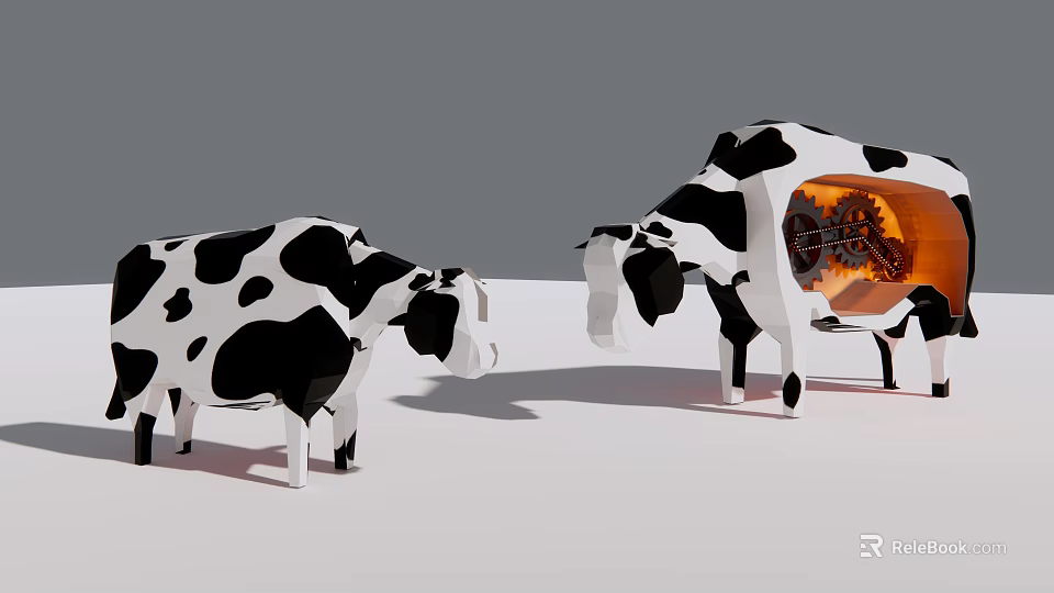 Artistic Cow Sculpture with Black White Spots and Open Mechanical Gear Interior Design 3d model 