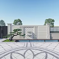 Elegant Landscape Wall With White Stone Pillars And Wrought Iron Gate In Villa Exterior