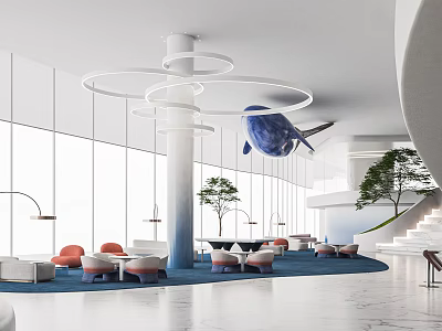 Modern Front Desk Reception Area With Circular Chandeliers Blue Carpet Large Windows And Whale Decoration 3d model
