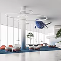 Modern Front Desk Reception Area With Circular Chandeliers Blue Carpet Large Windows And Whale Decoration