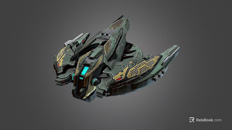 Futuristic Cosmic Spaceship Design With Green Gold Accents And Blue Glowing Elements 3d model 