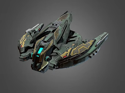 Futuristic Cosmic Spaceship Design With Green Gold Accents And Blue Glowing Elements 3d model