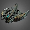 Futuristic Cosmic Spaceship Design With Green Gold Accents And Blue Glowing Elements
