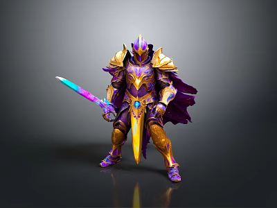 Fantasy Warrior In Ornate Gold And Purple Armor Holding Colorful Sword With Cloak 3d model