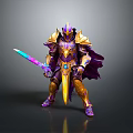 Fantasy Warrior In Ornate Gold And Purple Armor Holding Colorful Sword With Cloak