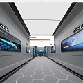 Modern Exhibition Hall Interior Design With Long Corridor Large Screens Hexagonal Floor And White Ceiling