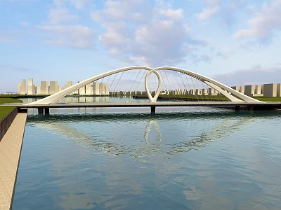 Heart Shaped Bridge With Water Reflection And City Background Under Blue Sky White Clouds 3d model