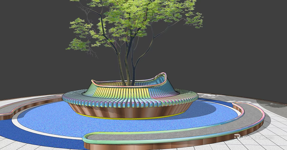Colorful Tree Planter Design Featuring Wavy Edges Blue Ground And Walkway 3d model