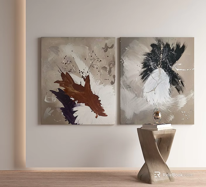 Modern Abstract Paintings On Wall With Wooden Side Table And Decorative Objects 3d model