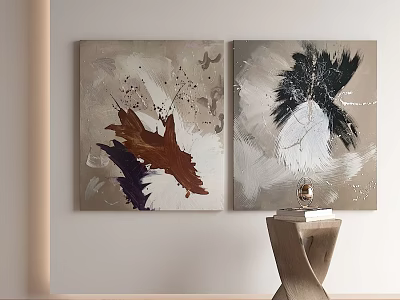 Modern Abstract Paintings On Wall With Wooden Side Table And Decorative Objects 3d model