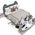 Kids Bed With Mickey Ears Headboard Cozy Bedding And Stuffed Toys On Patterned Rug