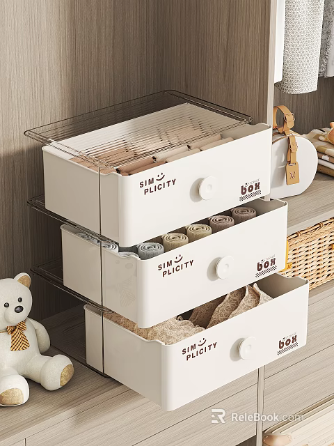 Wardrobe Storage Organizer Design With Multi Layer Labeled Drawer Boxes And Transparent Lids 3d model 