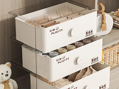 Wardrobe Storage Organizer Design With Multi Layer Labeled Drawer Boxes And Transparent Lids 3d model