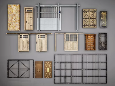 Building Exterior Wall Elements Including Wooden Doors Metal Grilles And Panel Designs 3d model