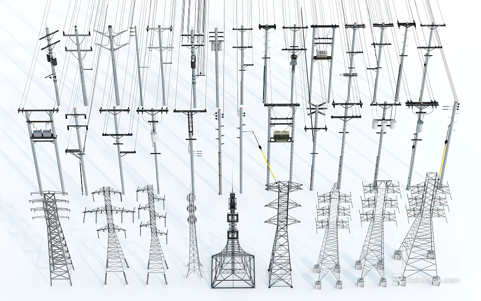 Various Designs of Roadside Electric Poles Transmission Towers and Power Lines 3d model 