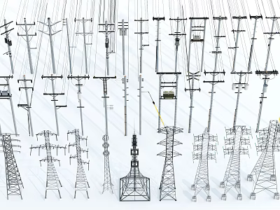 Various Designs of Roadside Electric Poles Transmission Towers and Power Lines 3d model