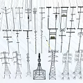 Various Designs of Roadside Electric Poles Transmission Towers and Power Lines