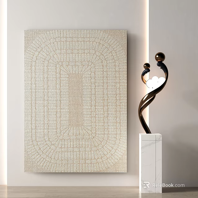 Light Colored Square Carpet With Woven Grid Pattern And Modern Sculpture On Marble Base 3d model