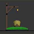 Wooden Pole With Hanging Lantern Over Yellow Barrel On Green Grass Circular Platform