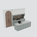 Light Gray Kitchen Cabinets With White Countertop Arched Wooden Door And Brown Tile Backsplash