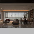 Modern Living and Dining Area With Sofa Coffee Table Bookshelf Floor Lamp and Plants