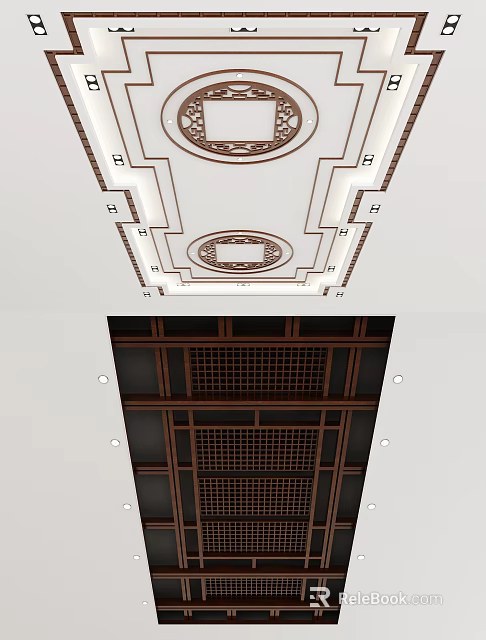 Chinese Style Wooden Ceiling Design With Circular Patterns Grid And Recessed Lighting 3d model