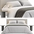 Modern Minimalist Double Bed With Gray Bedding Pillows Dark Throw Blanket And Round Side Table 3d model