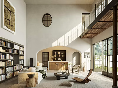 Spacious Duplex Living Room With Built-in Bookshelves Cozy Sofa Sunlight And Large Windows 3d model