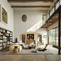 Spacious Duplex Living Room With Built-in Bookshelves Cozy Sofa Sunlight And Large Windows