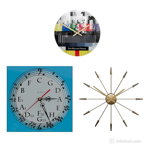 Colorful Modern Art Wall Clocks Featuring Musical Notes Square Design And Gold Radial Style 3d model 