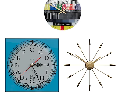 Colorful Modern Art Wall Clocks Featuring Musical Notes Square Design And Gold Radial Style 3d model