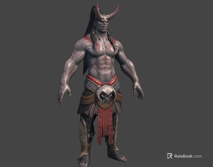 Fantasy Character Creature With Horns Muscular Physique Shirtless Torso Skull Belt And Leather Leg Straps 3d model 