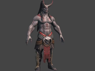 Fantasy Character Creature With Horns Muscular Physique Shirtless Torso Skull Belt And Leather Leg Straps 3d model