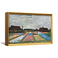 Landscape Painting of Colorful Boats on Beach with Blue Ocean and Sky in Golden Frame