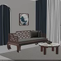 Traditional Chinese Wooden Sofa with Lattice Design and Round Marble Coffee Table Set with Cushion in Living Room with Blue Curtains