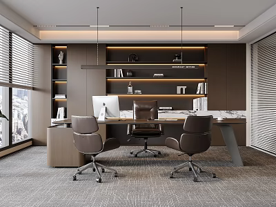 Modern Office Interior Design With Spacious Desk Leather Chairs Bookshelves And Large Windows 3d model