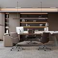 Modern Office Interior Design With Spacious Desk Leather Chairs Bookshelves And Large Windows
