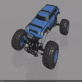 Blue Toy Monster Truck With Large Tires And Black Chassis On Gray Surface